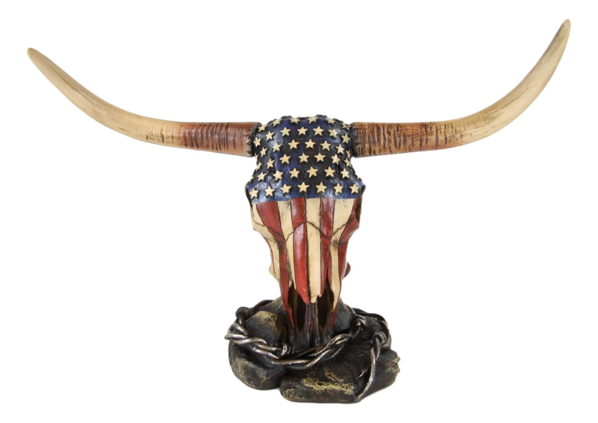 Ebros Western Patriotic American Flag Texas Longhorn Bull Steer Skull Desktop Figurine - Ebros Gift