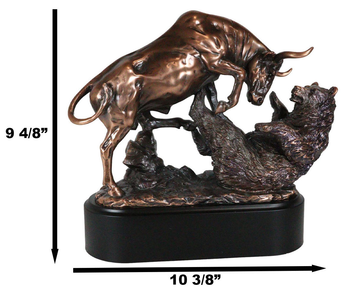 Wall Street Stock Market Charging Bull Trouncing Bear Statue With Pedestal Base
