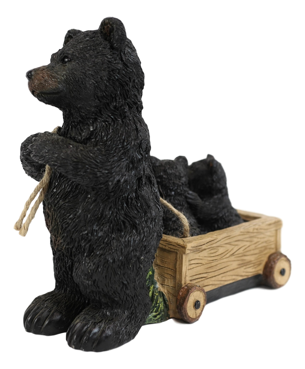 Rustic Black Bear Mother With Cubs Sitting in Wooden Cart Wagon Welcome Statue