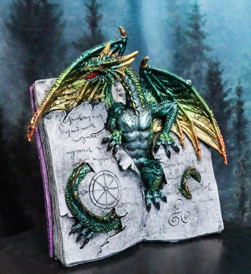 Guardian Of Bibliography Gold Green Dragon Emerging Out Of Spell Book Figurine