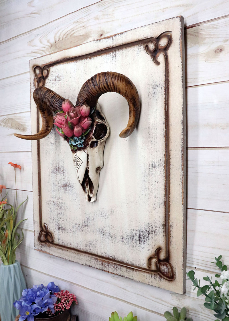 Rustic Western Corsican Ram Skull With Red Tulips Wooden Wall Decor Plaque