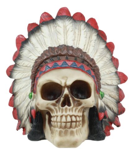 Indian Chieftain Skull Statue 5.75"L Mohawk Warrior Skull With Roach Headdress