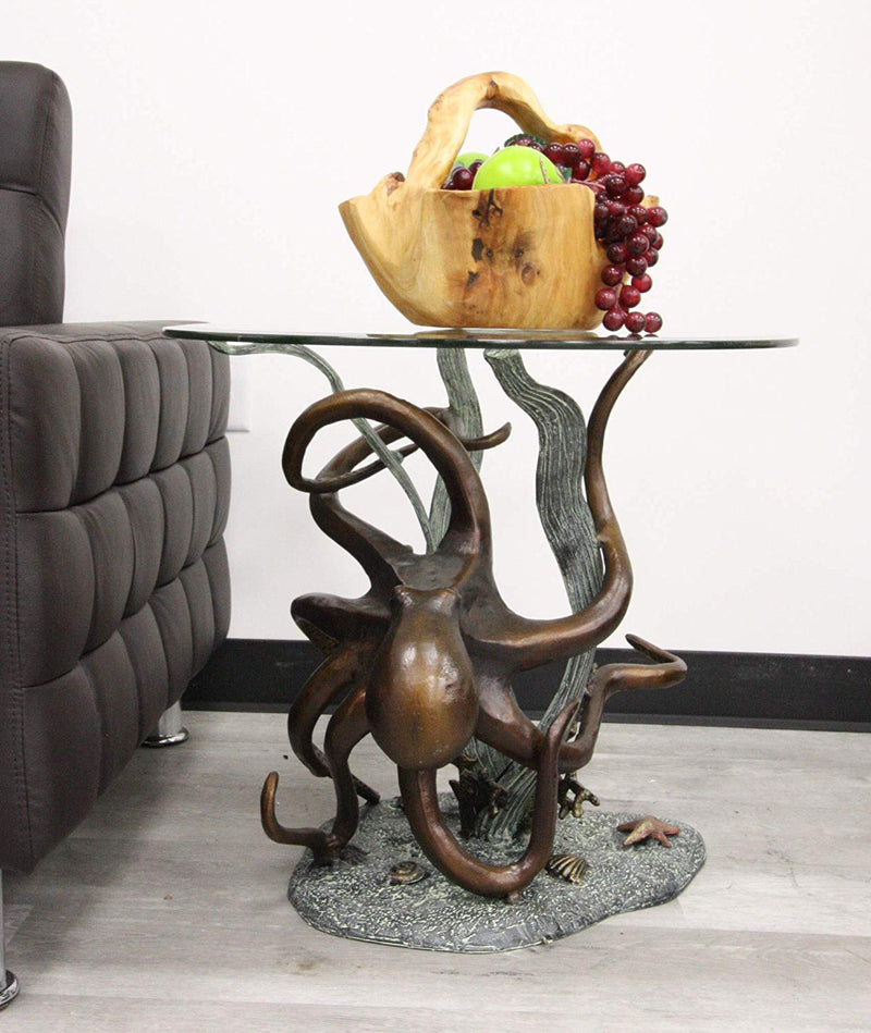 Ebros Gift Aluminum Metal Nautical Ocean Deep Sea Octopus Wrapping Around Seagrass with Starfish Round Side Coffee Table with Glass Top Furniture Collectible Fantasy Kraken Monster Tables