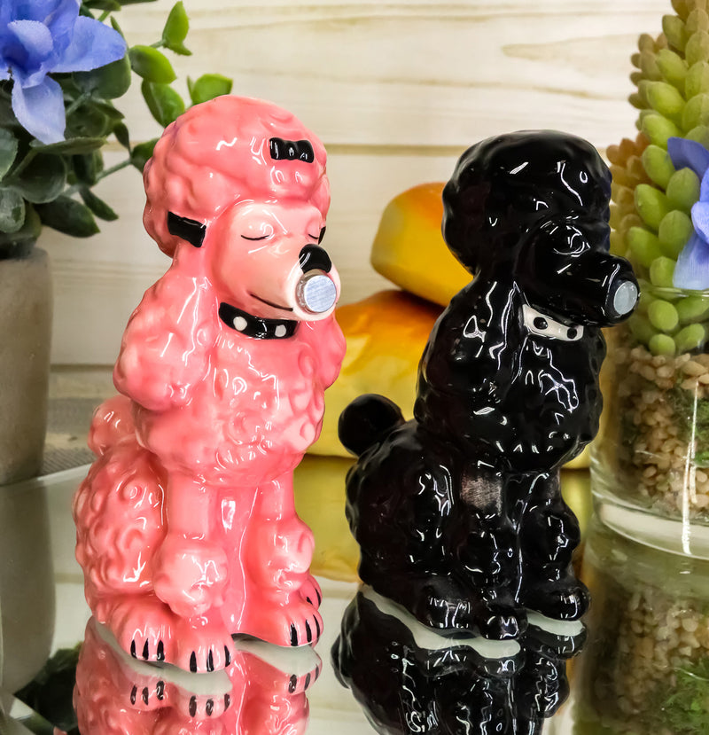 Black And Pink Chien Canne Poodles Salt And Pepper Shakers Ceramic Figurine Set