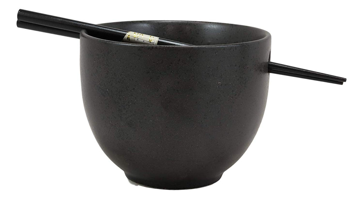 Ebros Whimsical Ceramic Black Lucky Meow Cat Ramen Noodle Bowl & Chopsticks Set