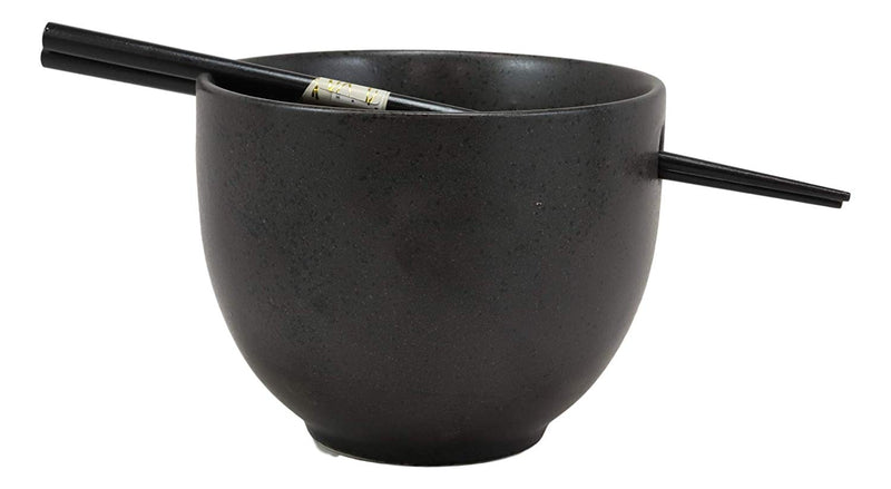 Ebros Whimsical Ceramic Black Lucky Meow Cat Ramen Noodle Bowl & Chopsticks Set