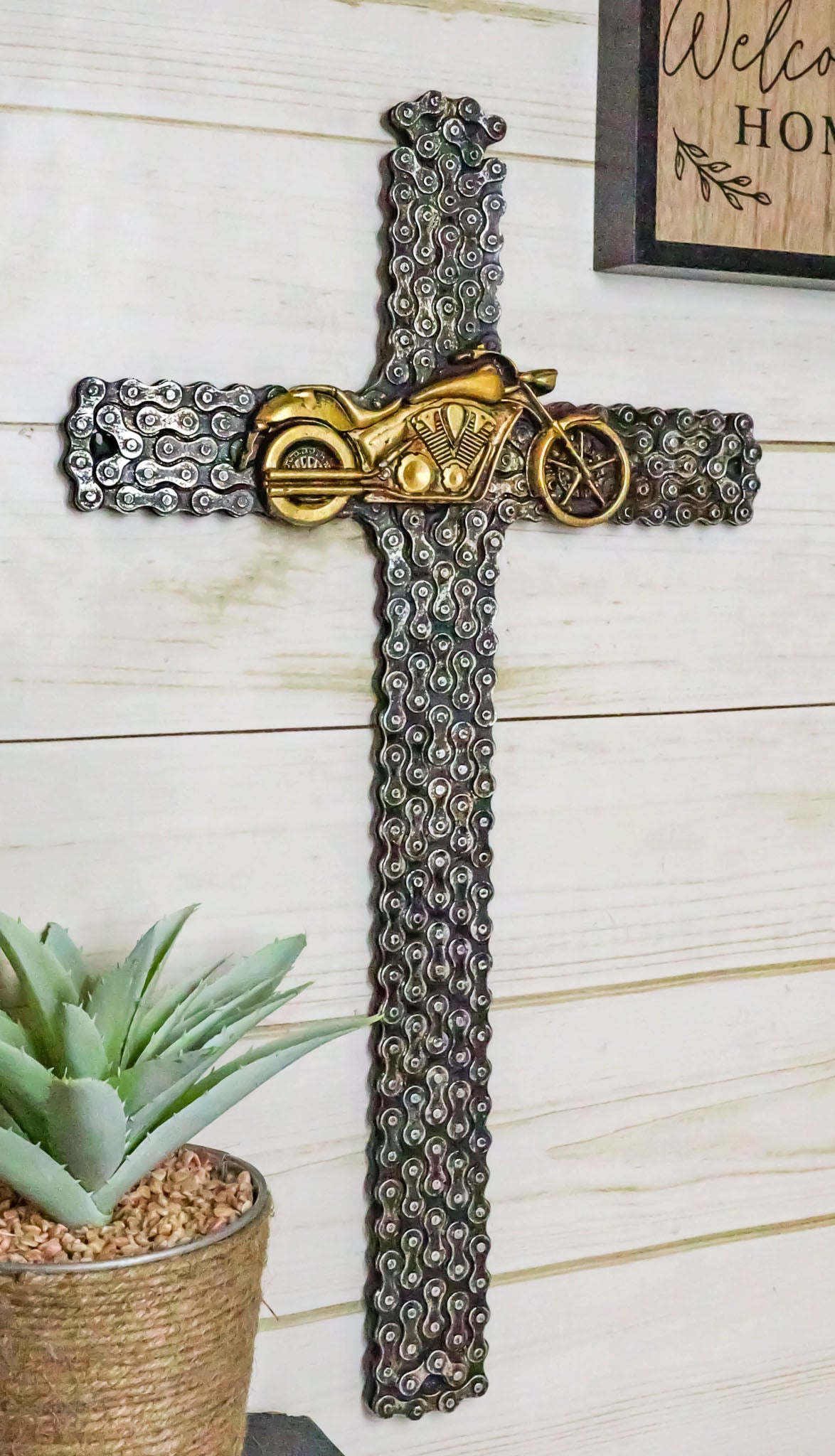 Western Rustic Motorcycle Chains Mechanic Biker Chopper Bike Wall Cross Decor - Ebros Gift