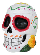 Day of The Dead White Tribal Tattoo Sunflowers Sugar Skull Ashtray Box Figurine