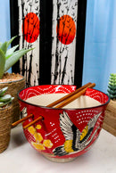 Red Sky Flying Crane Bird Ramen Noodles 5"D Soup Rice Bowl With Chopsticks Set