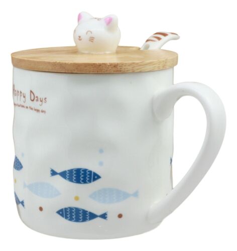 Happy Days Kitty Cat With Fishes Ceramic Coffee Tea Mug Cup With Spoon And Lid - Ebros Gift
