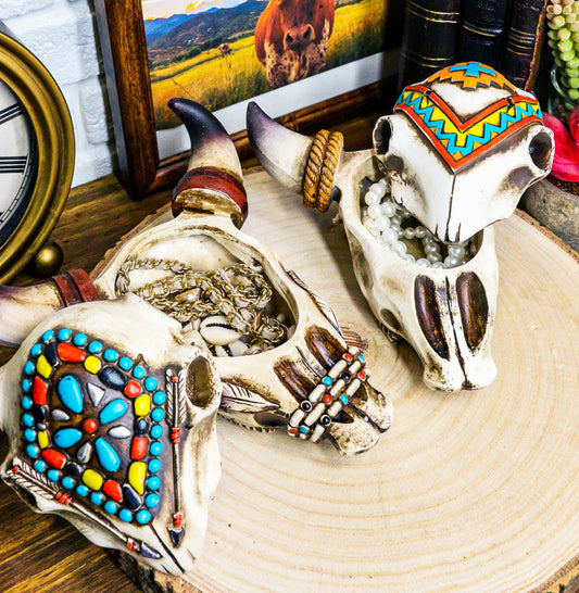 Set Of 2 Southwest Rustic Cow Skull With Turquoise Navajo Patterns Trinket Boxes - Ebros Gift