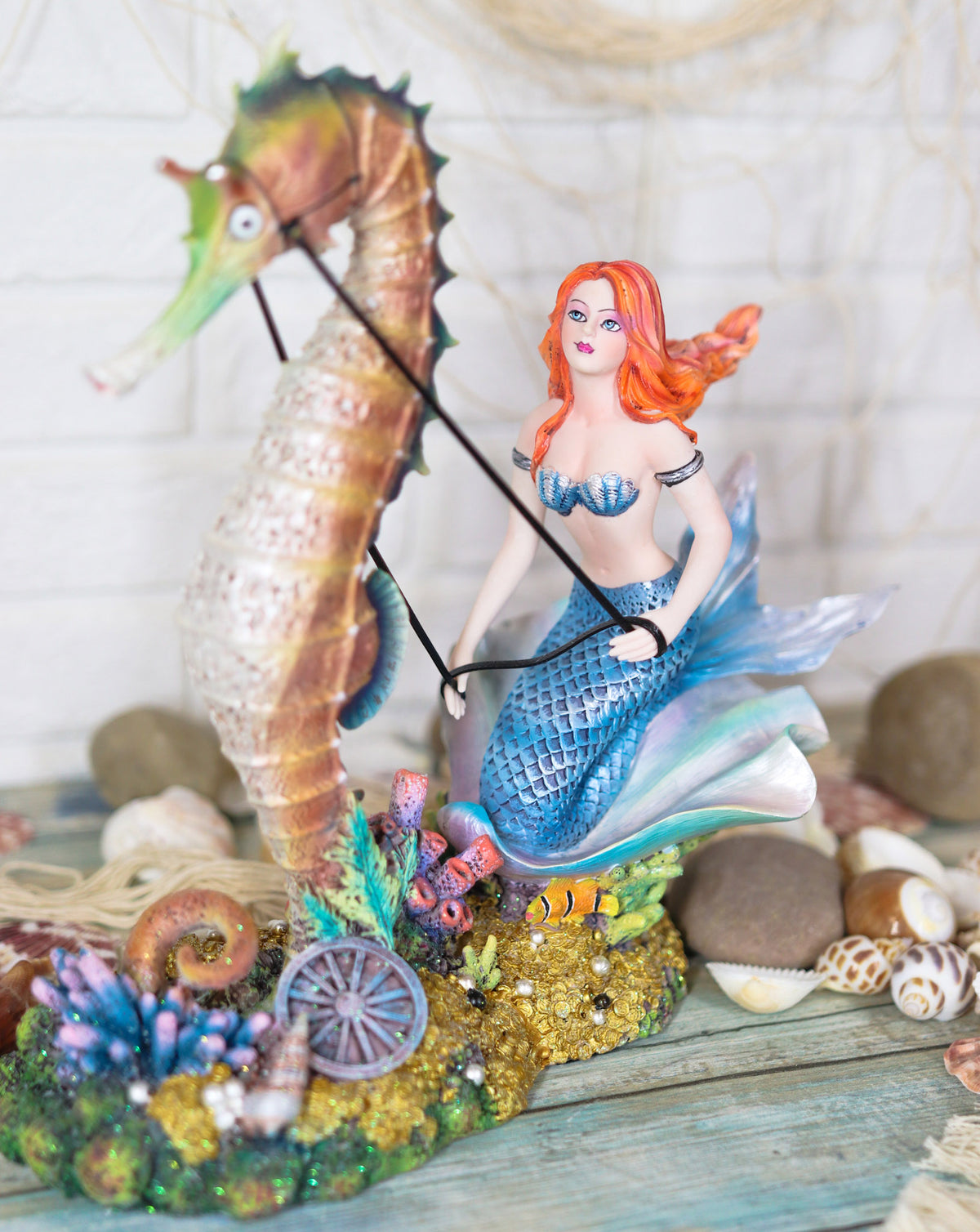 Ebros Nouveau Nautical Ocean Mermaid On Clam Riding Seahorse Chariot Statue 10"H - Ebros Gift