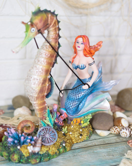 Ebros Nouveau Nautical Ocean Mermaid On Clam Riding Seahorse Chariot Statue 10"H - Ebros Gift