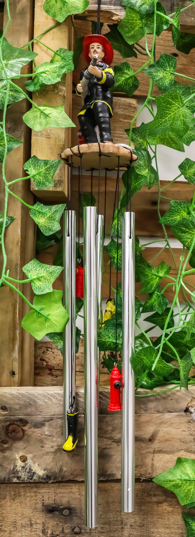 In Line of Duty Fireman With Fire Hose By Red Hydrant Wind Chime Garden Decor - Ebros Gift