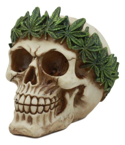 Pot Head Skull Statue 6"Long Gothic Skull With Weed Leaf Laurel Resin Figurine