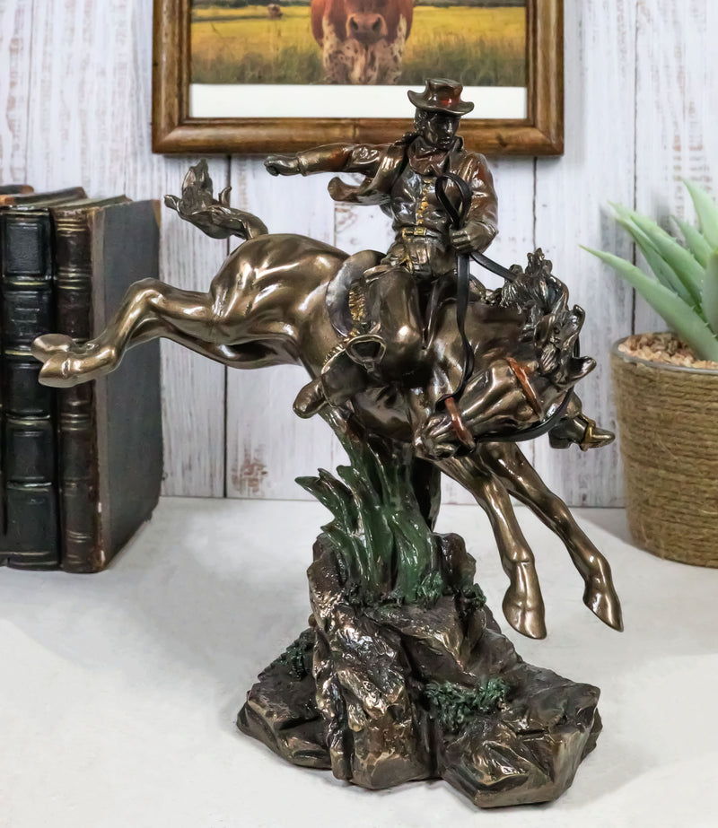Rustic Western Rodeo Cowboy Riding On Galloping Wild Mustang Horse Figurine