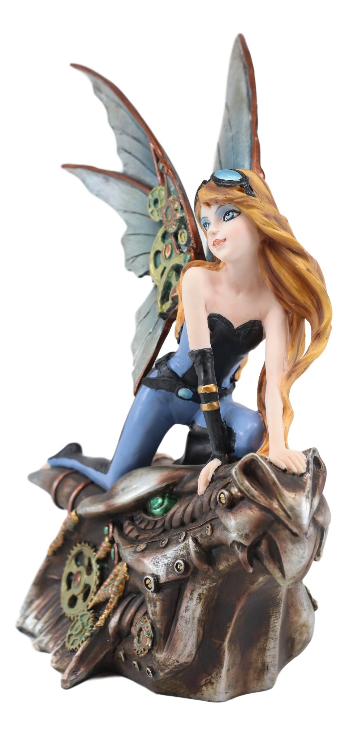 Ebros Steampunk Gearwork Pilot Fairy On Mechanical Cyborg Dragon Head Statue