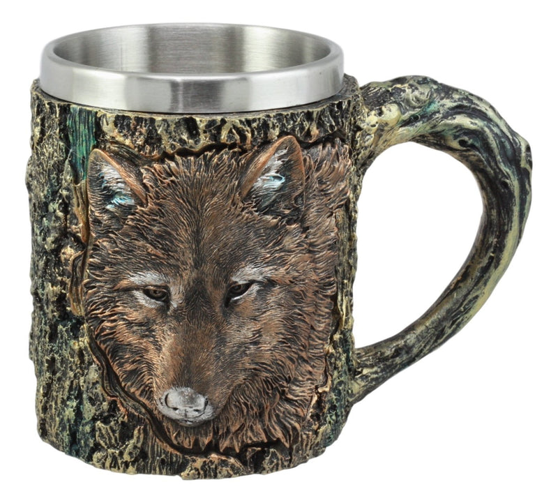 Ebros Totem Spirit Alpha Gray Wolf Mug Textured With Rustic Tree Bark Design In Painted Bronze Finish 12oz Drink Beer Stein Tankard Coffee Cup