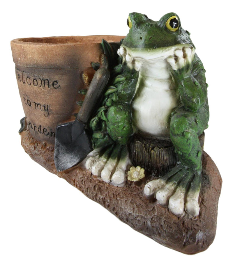 Ebros Green Frog Toad With Shovel And 'Welcome To My Garden' Planter Pot Figurine 10"L