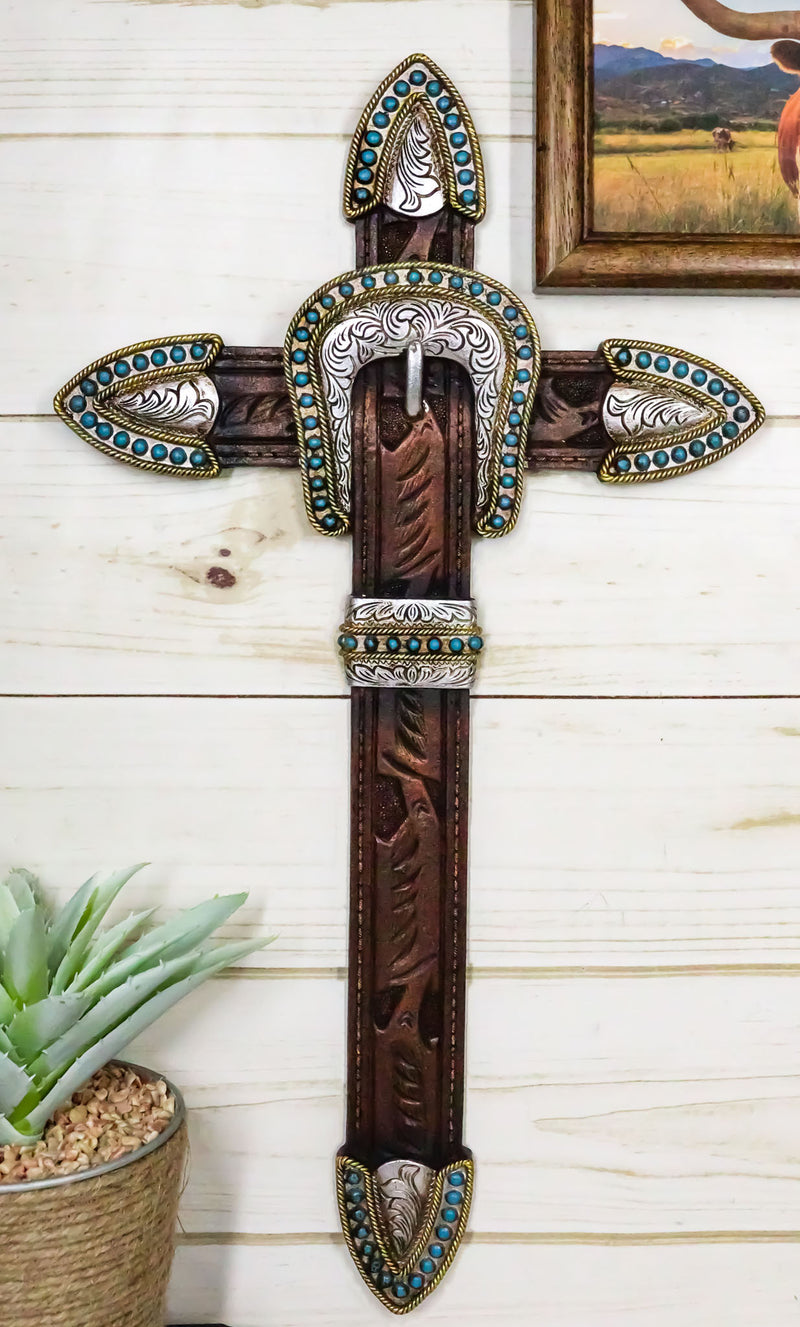 Rustic Western Brown Faux Tooled Leather Belt Buckle Concho Cowboy Wall Cross