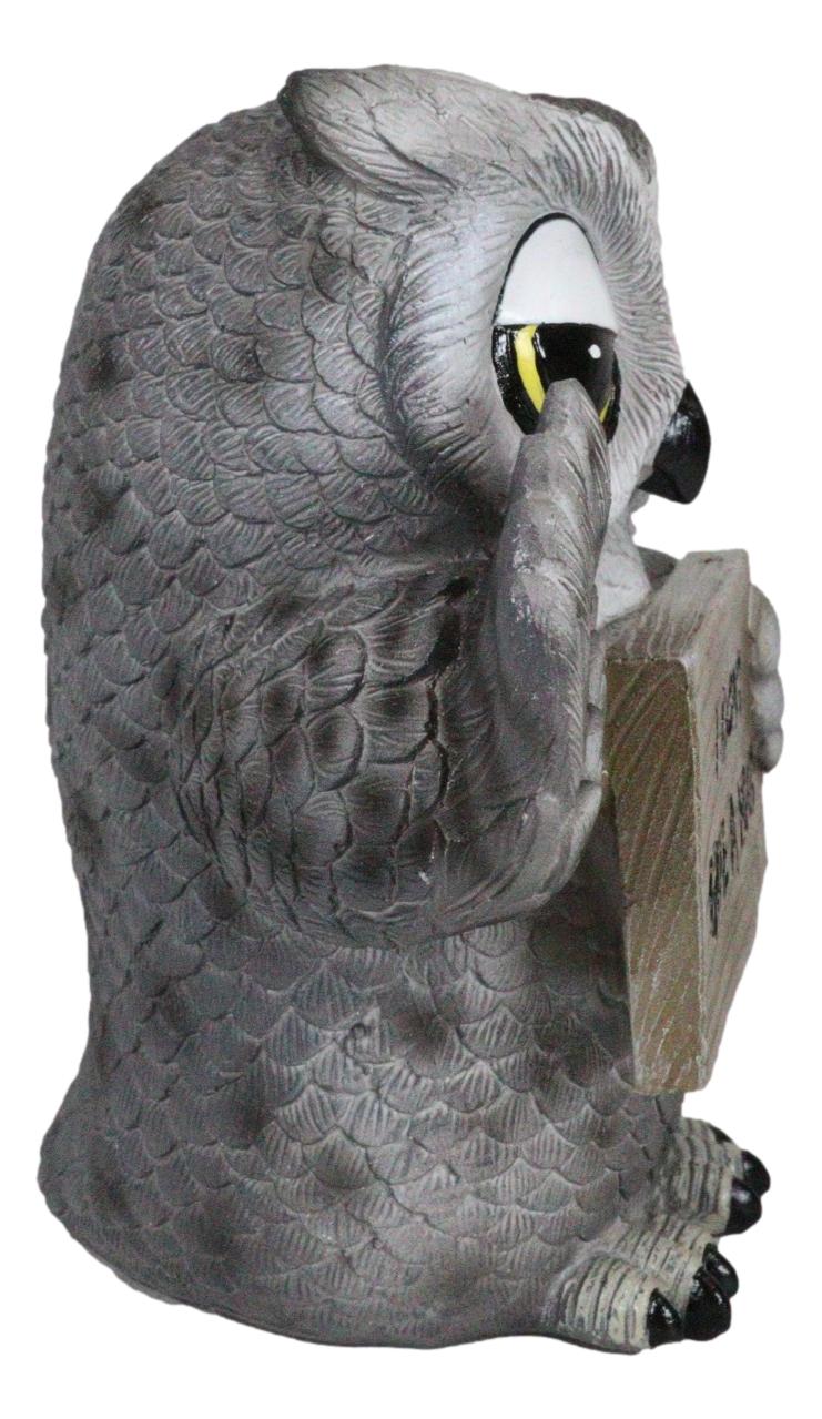 Sassy Cynical Grey Owl Flipping The Bird With I Don't Give A Hoot Sign Figurine