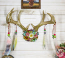 Rustic 12 Point Stag Deer Antlers Flowers And Feathers Rack Wall Hooks Plaque