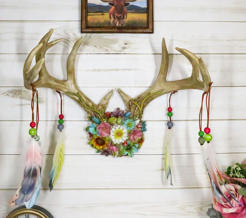 Rustic 12 Point Stag Deer Antlers Flowers And Feathers Rack Wall Hooks Plaque
