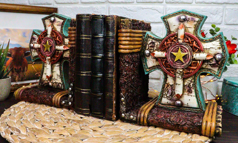 Rustic Western Star Turquoise Birchwood Birch Tree Cross Decorative Bookends Set