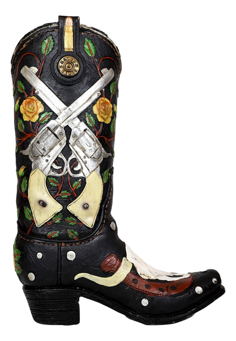 Rustic Western Roses 2 Pistols Horseshoe Cow Skull Cowboy Boot Vase Figurine