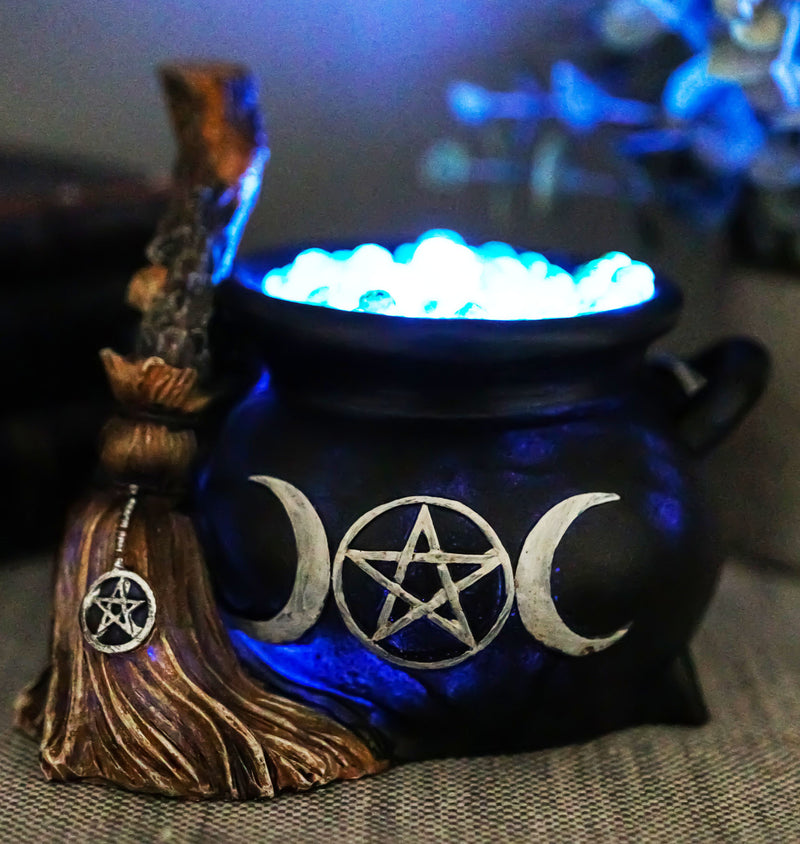 Wicca Triple Moon Goddess Pentagram LED Light Cauldron And Broomstick Figurine