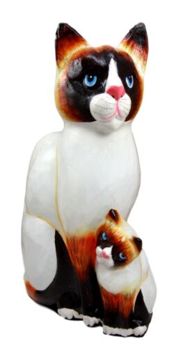 Balinese Wood Handicrafts Adorable Blue Eyed Feline Cat & Kitten Family Figurine