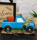 Buck Deer With Rifle In Blue Pick Up Truck With Tied Up Hunter On Hood Figurine