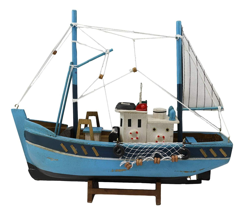 Ebros 12 L Blue Wooden Fishing Boat Model with Wood Base Stand