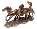 Large 17"L Rustic Western Wild And Free 4 Running Horses Bronzed Resin Statue