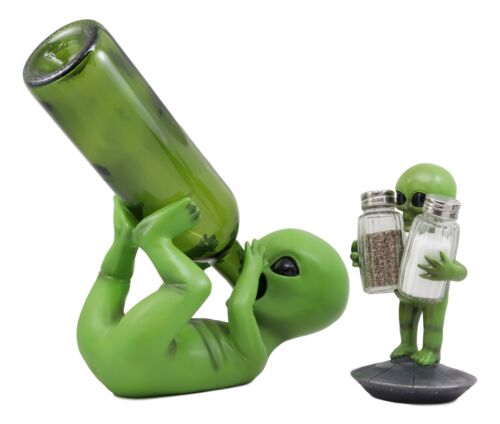 Ebros Alien UFO Spaceship Wine Bottle And Salt Pepper Shakers Holder Figurines