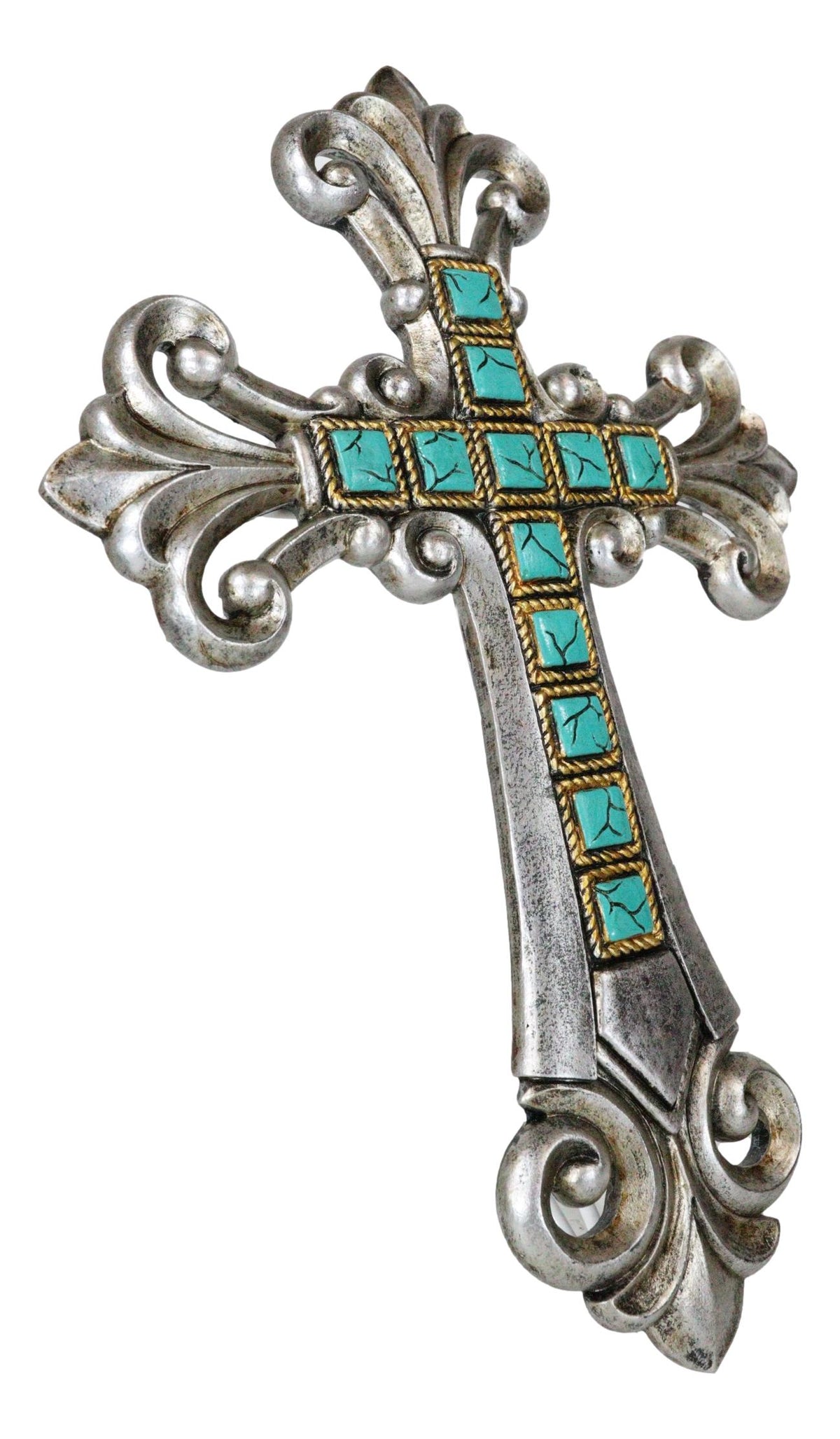 Southwestern Silver Tuscan Fleur De Lis Scrollwork Turquoise Rocks Wall Cross - Ebros Gift