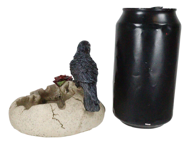 Gothic Raven Crow Perching On Rose Skull Cigarette Ashtray Jewelry Dish Figurine