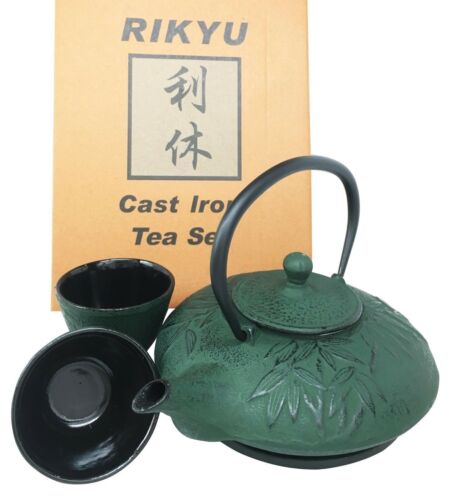 Japanese Evergreen Bamboo Green Heavy Cast Iron Tea Pot With Trivet and 2 Cups