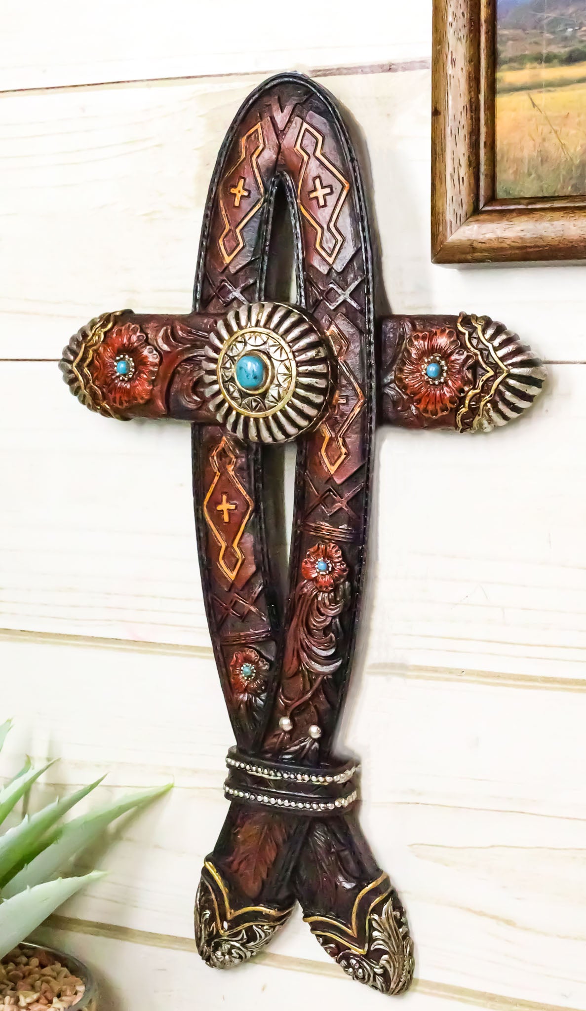 Rustic Western Turquoise Gem Concho Tooled Leather Belt Ichthys Fish Wall Cross