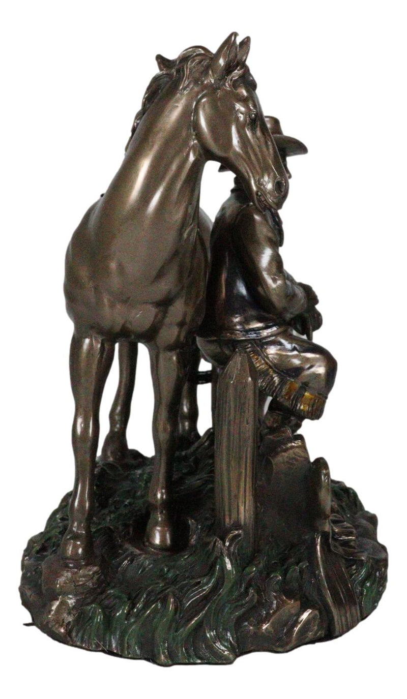 Rustic Western Desert Tranquility Cowboy Sitting By Fence And Horse Figurine