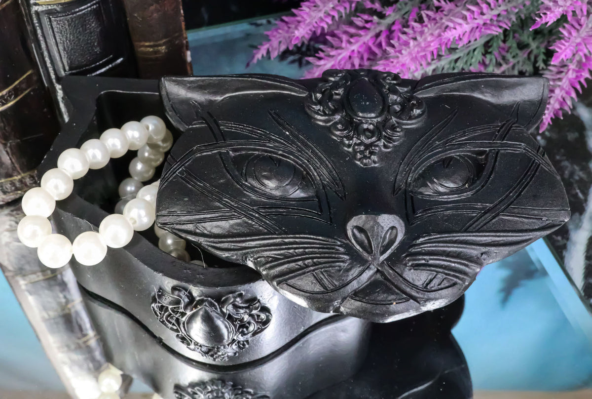 Black Wicca Triple Goddess Sacred Cat Bastet Sculptural Decorative Jewelry Box - Ebros Gift