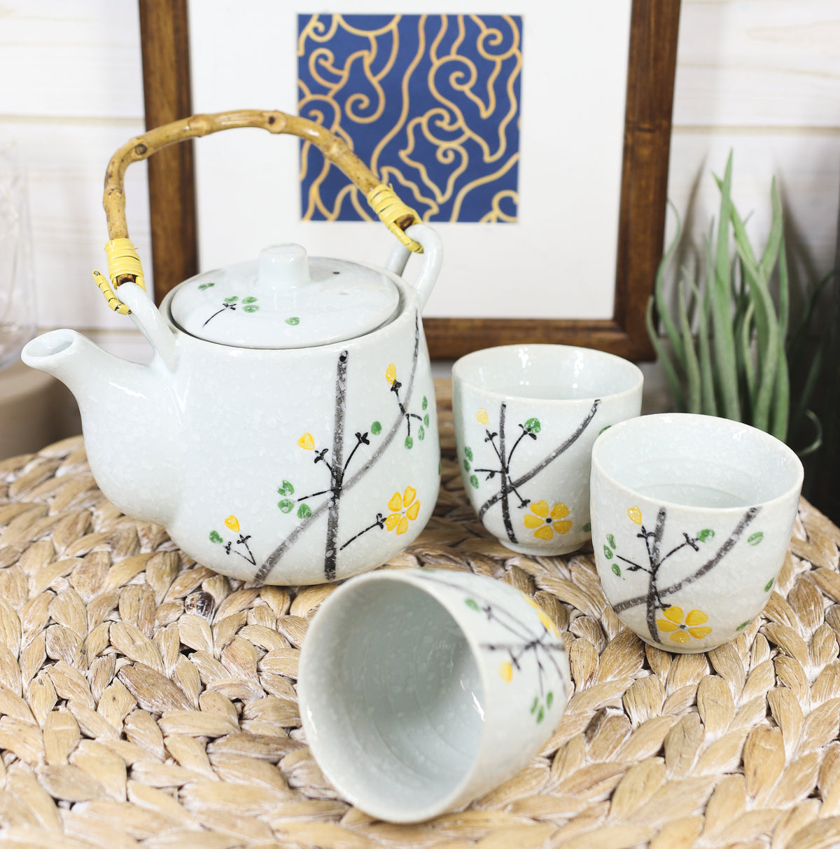 Ebros Japanese Yellow Cherry Blossom Sakura Blossoms Ceramic Tea Pot & 4 Cups - Ebros Gift