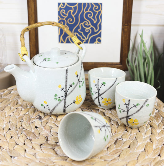Ebros Japanese Yellow Cherry Blossom Sakura Blossoms Ceramic Tea Pot & 4 Cups - Ebros Gift