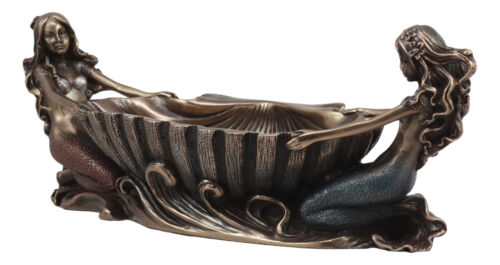 Ebros Coastal Decor Two Mermaids Soap Dish Figurine 9.75"Long Twin Mermaids With Oyster Shell Jewelry Dish