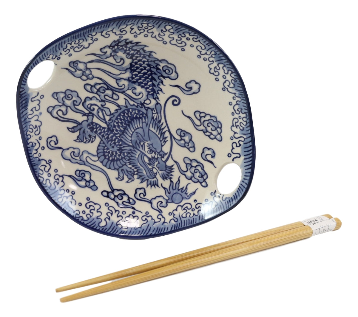 Blue Feng Shui Dragon Small Appetizer Coupe Plate Flat Bowl With Chopsticks Set - Ebros Gift