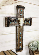 Rustic Western Turquoise Suns Longhorn Bull Cow Skull Wall Cross Decor Plaque