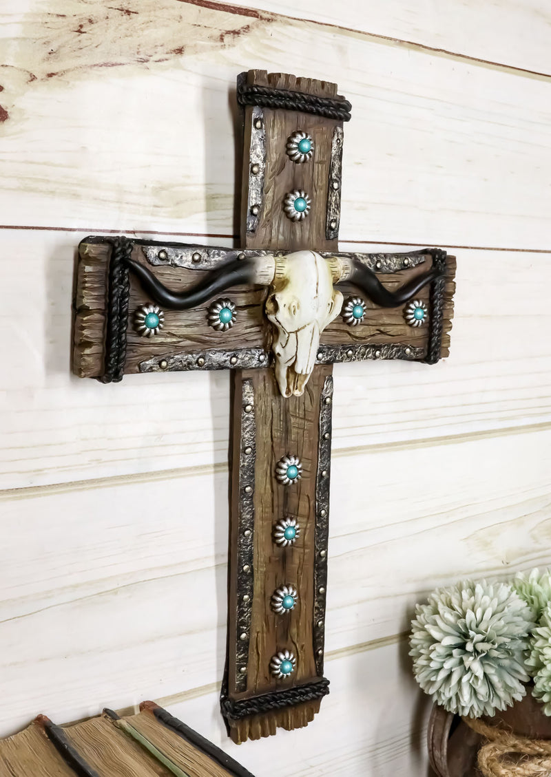 Rustic Western Turquoise Suns Longhorn Bull Cow Skull Wall Cross Decor Plaque