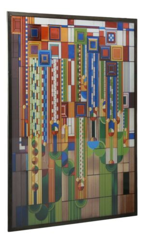Frank Lloyd Wright Metal Framed Saguaro Cactus Flowers Stained Glass Wall Decor