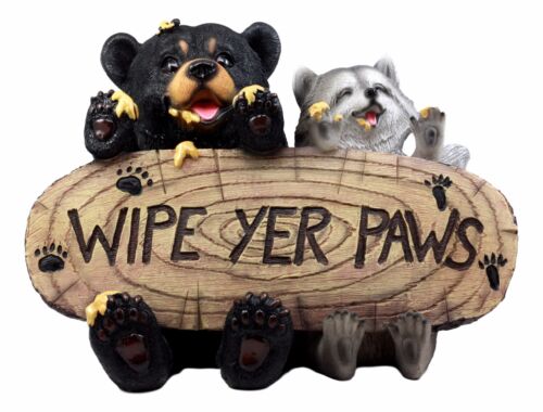 Ebros Black Bear & Raccoon Statue Wipe Your Paws Greeter Welcome Sign Home Decor