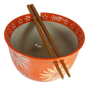 Japanese Design Ceramic Ramen Noodles Bowl Chopsticks Set Orange Flower Blossoms